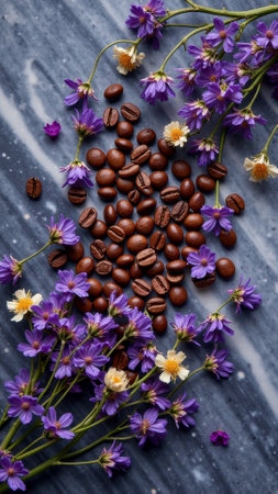 Coffee beans on speckled surface surrounded by vibrant purple flowers. That the image is generated using AI.の素材