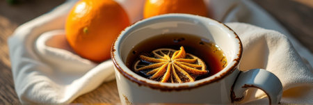 Cozy tea with citrus slices and fresh oranges on rustic table setting. That the image is generated using AI.の素材