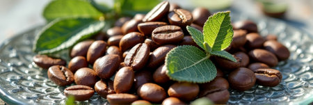 Close-up of roasted coffee beans with fresh mint leaves on glass plate in sunlight. That the image is generated using AI.の素材