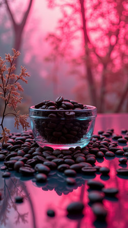 Glass bowl of coffee beans on reflective surface with pink hue background. That the image is generated using AI.の素材