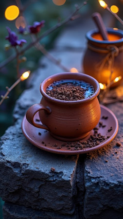 Rustic clay cup with hot chocolate and cinnamon at twilight. That the image is generated using AI.の素材