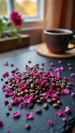 Coffee beans and pink flower petals on slate table by window. That the image is generated using AI.の素材