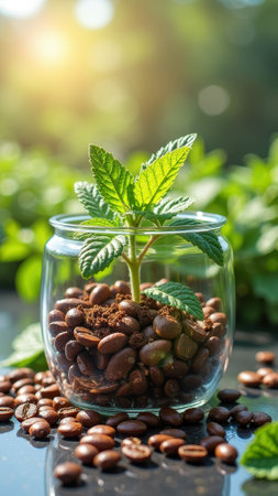 Coffee seedling in glass jar with coffee beans in sunlit garden background. That the image is generated using AI.の素材