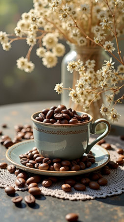 Elegant ceramic cup overflowing with coffee beans amidst dried flower arrangement. That the image is generated using AI.の素材