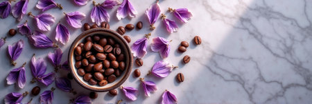 Coffee beans in bowl with purple petals on marble background. That the image is generated using AI.の素材