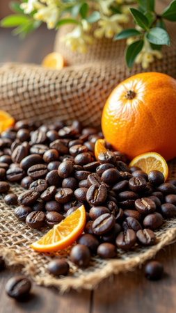 Fresh coffee beans with oranges and sliced citrus on burlap background. That the image is generated using AI.の素材