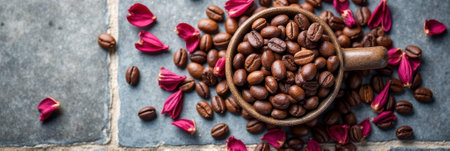 Coffee beans and red petals on rustic slate tile background. That the image is generated using AI.の素材
