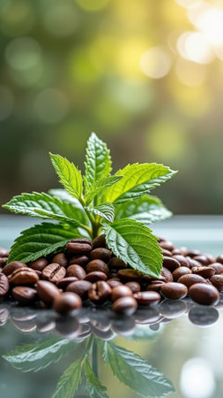 Fresh coffee plant with green leaves surrounded by coffee beans. That the image is generated using AI.の素材