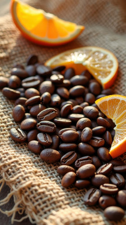 Roasted coffee beans and fresh orange slices on burlap fabric in sunlight. That the image is generated using AI.の素材