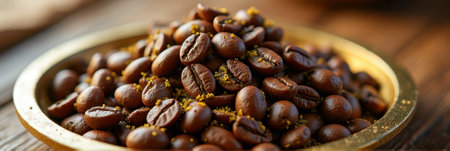 Close-up of fresh coffee beans with ground coffee on golden plate. That the image is generated using AI.の素材