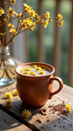 Warm morning coffee with yellow flowers in a rustic setting. That the image is generated using AI.の素材