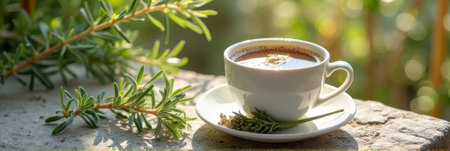 Cup of herbal tea on stone table with fresh rosemary outdoors in sunlight. That the image is generated using AI.の素材
