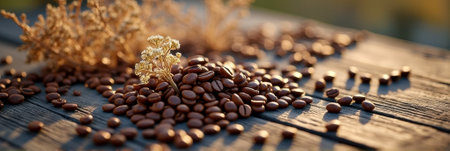 Rustic display of coffee beans and dried flowers on weathered wood table. That the image is generated using AI.の素材