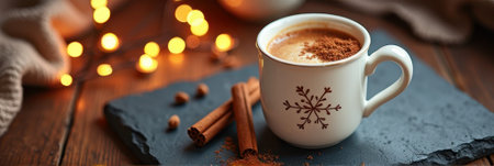 Cozy winter scene with hot cocoa and cinnamon sticks on slate. That the image is generated using AI.の素材