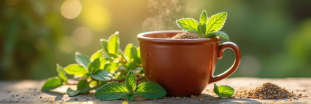Refreshing herbal tea in rust-colored mug with fresh mint leaves in sunlit garden. That the image is generated using AI.の素材