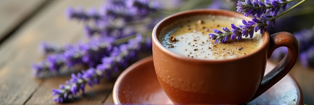 Lavender coffee in rusty ceramic cup on wood table with fresh lavender sprigs. That the image is generated using AI.の素材