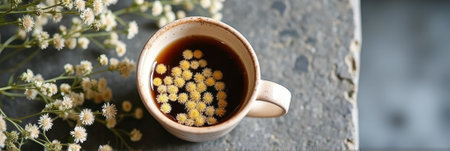 Rustic ceramic mug with herbal tea and floating flowers on stone surface. That the image is generated using AI.の素材