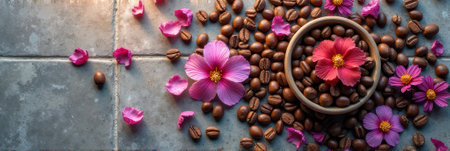 Coffee beans and pink flowers on a rustic tile surface. That the image is generated using AI.の素材