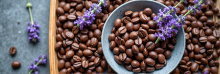Aromatic coffee beans and lavender flowers in a bowl. That the image is generated using AI.の素材