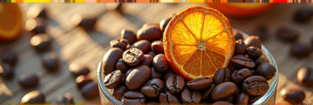 Close-up of coffee beans with sunlit orange slice. That the image is generated using AI.の素材