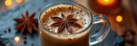Warm spiced latte with star anise and coffee beans on rustic slate background. That the image is generated using AI.の素材