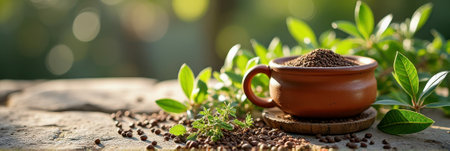 Clay mug of ground coffee on rustic stone amidst fresh greenery in sunlight. That the image is generated using AI.の素材