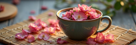 Serene floral tea moment with cherry blossoms in rustic setting. That the image is generated using AI.の素材