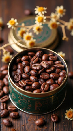 Roasted coffee beans in elegant tin with dried floral decor on wooden table. That the image is generated using AI.の素材