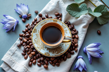 Elegant coffee setup with floral accents and coffee beans on linen. That the image is generated using AI.の素材