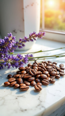 Coffee beans and lavender on marble surface in sunlit window. That the image is generated using AI.の素材