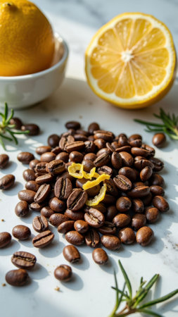 Coffee beans and fresh lemons with rosemary on white surface. That the image is generated using AI.の素材