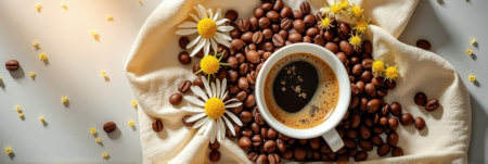 Cup of coffee with daisies and coffee beans on cloth in sunlight. That the image is generated using AI.の素材