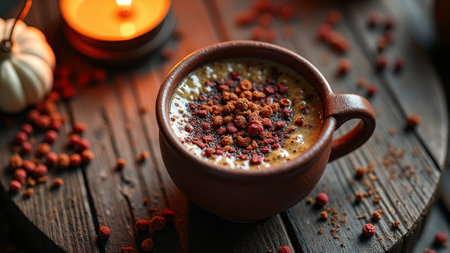 Cozy autumn spiced latte with berries on rustic wooden table. That the image is generated using AI.の素材