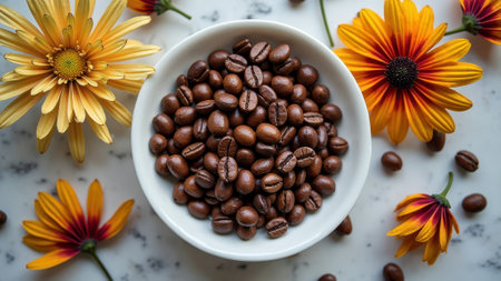 Coffee beans in white bowl surrounded by colorful flowers on marble surface. That the image is generated using AI.の素材