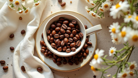 Aromatic coffee beans in cup surrounded by daisies on a sunlit table. That the image is generated using AI.の素材