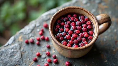 Fresh red cranberries in rustic cup on stone surface outdoors. That the image is generated using AI.の素材