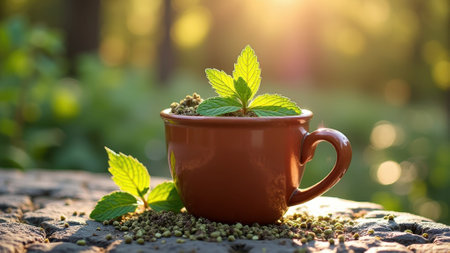 Fresh mint growing in a cup with sunlit garden backdrop. That the image is generated using AI.の素材