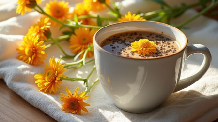 Cozy morning coffee with yellow daisies on sunlit table. That the image is generated using AI.の素材