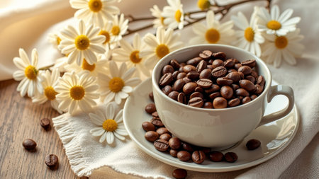 Coffee beans in white cup with daisies on wooden table. That the image is generated using AI.の素材