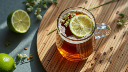 Glass cup of herbal tea with fresh lime slice on wooden tray in sunlight. That the image is generated using AI.の素材