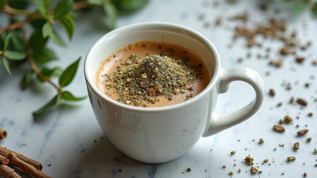 Rustic spiced coffee in white mug with fresh herbal garnish on marble surface. That the image is generated using AI.の素材