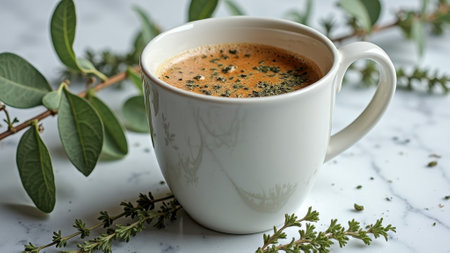 Herbal tea in white cup on marble surface with fresh greenery. That the image is generated using AI.の素材
