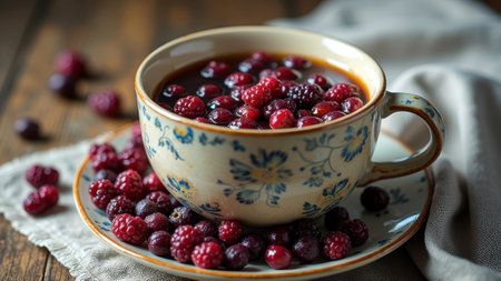 Floral ceramic cup filled with mixed berries on wooden table. That the image is generated using AI.の素材