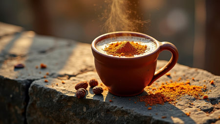 Steaming mug of spiced pumpkin latte on rustic stone wall at sunrise. That the image is generated using AI.の素材