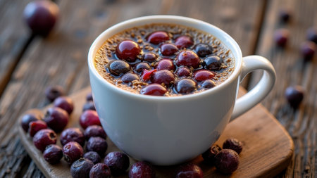 Warm cup of mixed berry coffee with fresh berries on rustic wooden table. That the image is generated using AI.の素材