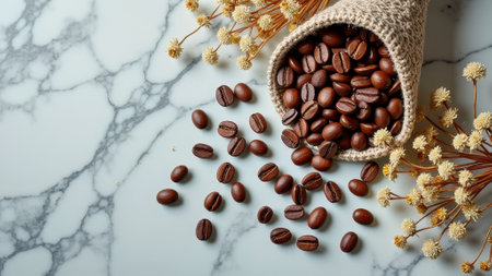 Coffee beans spilling from woven bag on marble surface with dried flowers. That the image is generated using AI.の素材