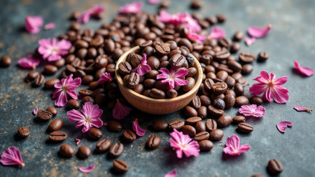 Coffee beans and pink flower petals on rustic surface. That the image is generated using AI.の素材