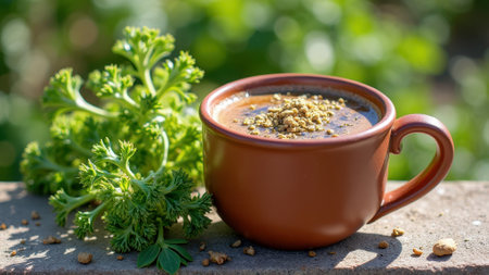Rustic brown ceramic mug of herbal tea with crushed spices and fresh parsley outdoors. That the image is generated using AI.の素材