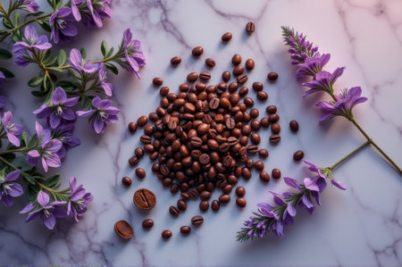 Coffee beans and purple flowers on marble surface with natural shadows. That the image is generated using AI.の素材