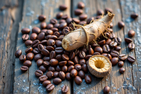 Coffee beans and dried root on rustic wooden table with sea salt crystals. That the image is generated using AI.の素材